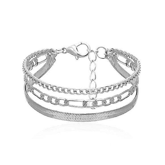 ⚜️[𝟯/$𝟮𝟴]⚜️3 Layered Silver Herringbone Figaro Bracelet NEW - Picture 3 of 11